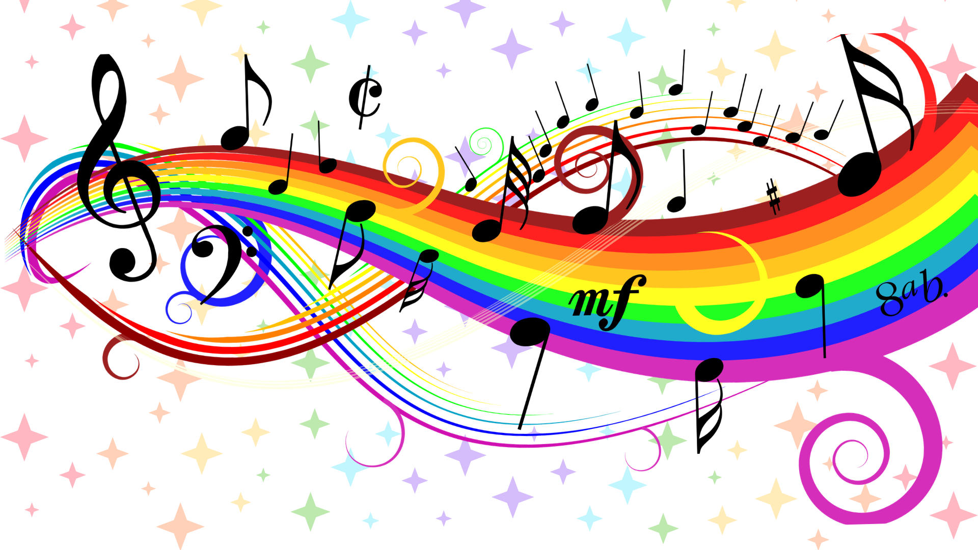 Decorative rainbow music staves with musical notations.